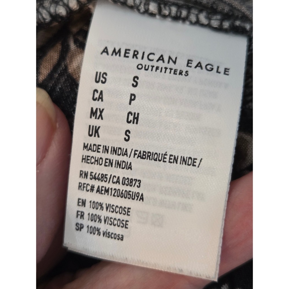 American Eagle Floral Wide Leg Pants Small Black Tan Smocked Boho Festival - Picture 3 of 10
